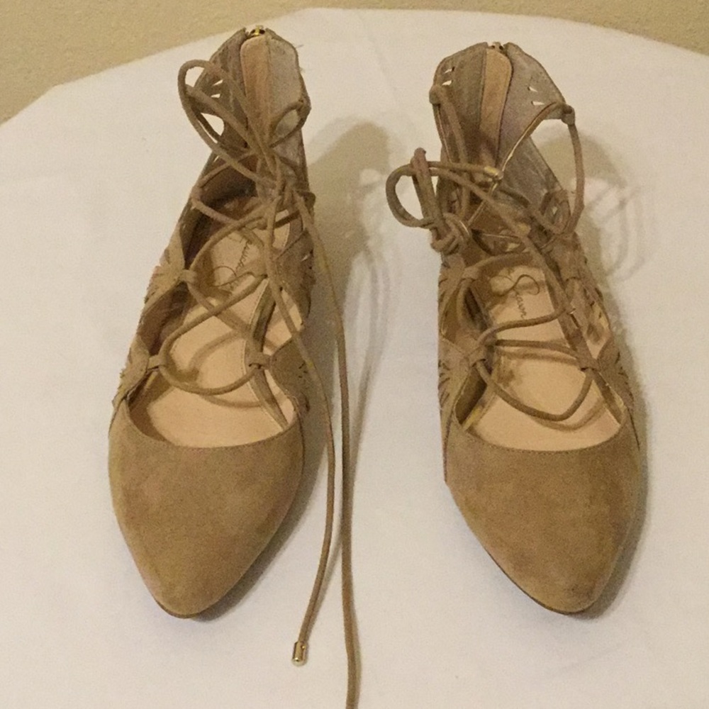 Jessica Simpson Tan Lace Up Ballet Flats Sz 8